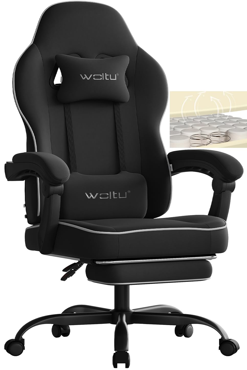 WOLTU Gaming Stuhl Stoff Federunterlage Gamer Sessel - Schwarz GS10sz, ergonomischer Stoffsessel in Schwarz für Gaming.