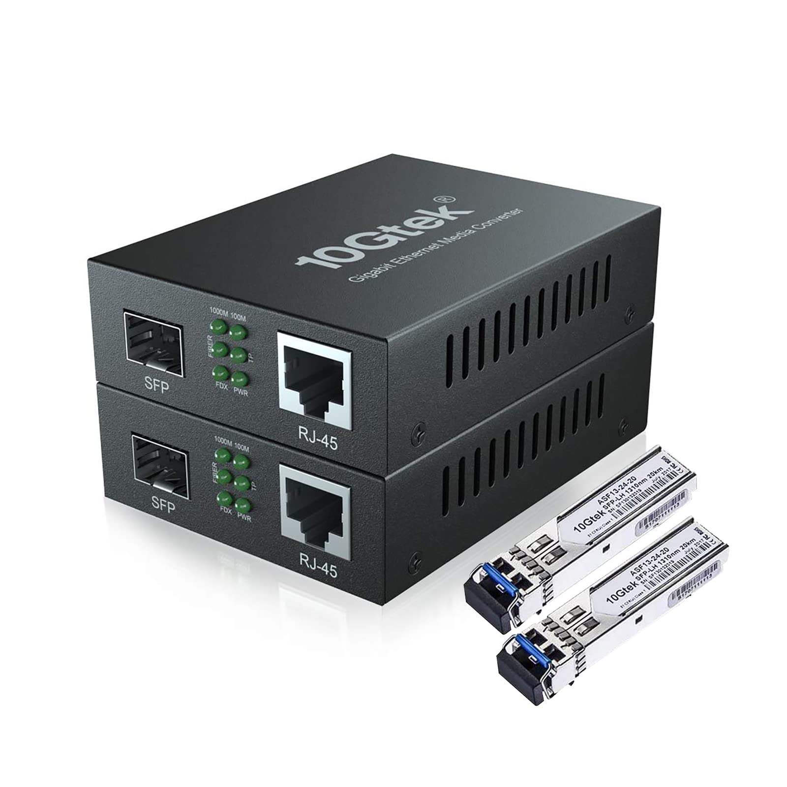 10Gtek Gigabit Ethernet Medienkonverter 2er Set – SFP LX, SM, 20km. Schwarze Box. Konvertiert Gigabit Ethernet RJ45 zu SFP-Glasfaser über 20km.