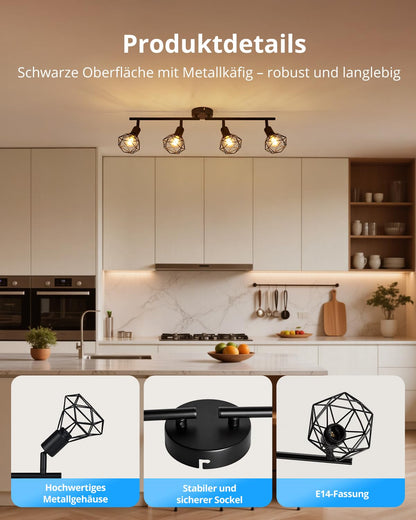 Gr4tec Deckenstrahler Schwarz 4-flammig E14 Vintage Industrial