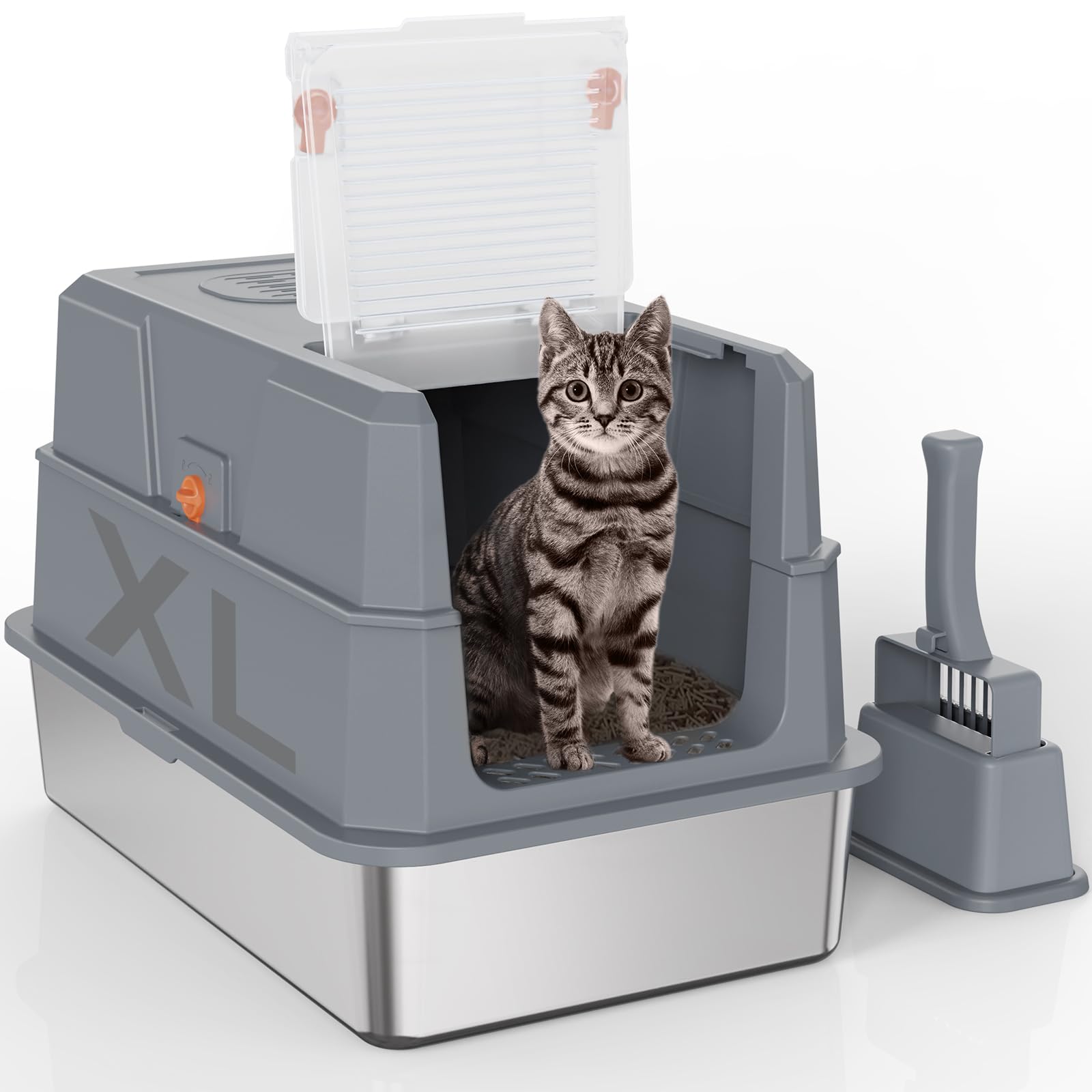 SZEE XL Edelstahl Geschlossene Katzentoilette – Klappdeckel Dunkelgrau. Dunkelgraues Edelstahl-Modell mit Klappdeckel für hygienische Katzenhaltung.