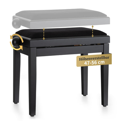 Classic Cantabile Pianobank Schwarz-matt, höhenverstellbar. Rechteckige, mattschwarze Sitzfläche zur individuellen Höhenanpassung für Klavier.