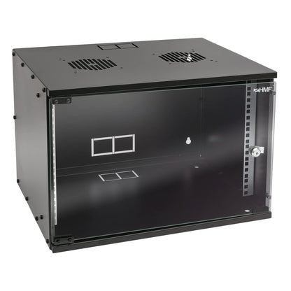 HMF 65707-02 Netzwerkschrank 19 Zoll – 7 HE, 400mm, Glastür Schwarz. Zur Montage von 19 Zoll Netzwerkgeräten.