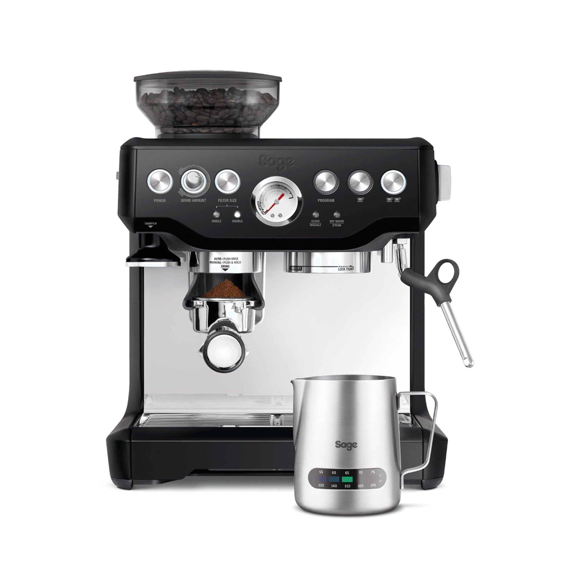 Sage The Barista Express Siebträgermaschine mit Mahlwerk - Schwarzer Trüffel, kompaktes Design. Bereitet frischen Espresso mit integriertem Mahlwerk.