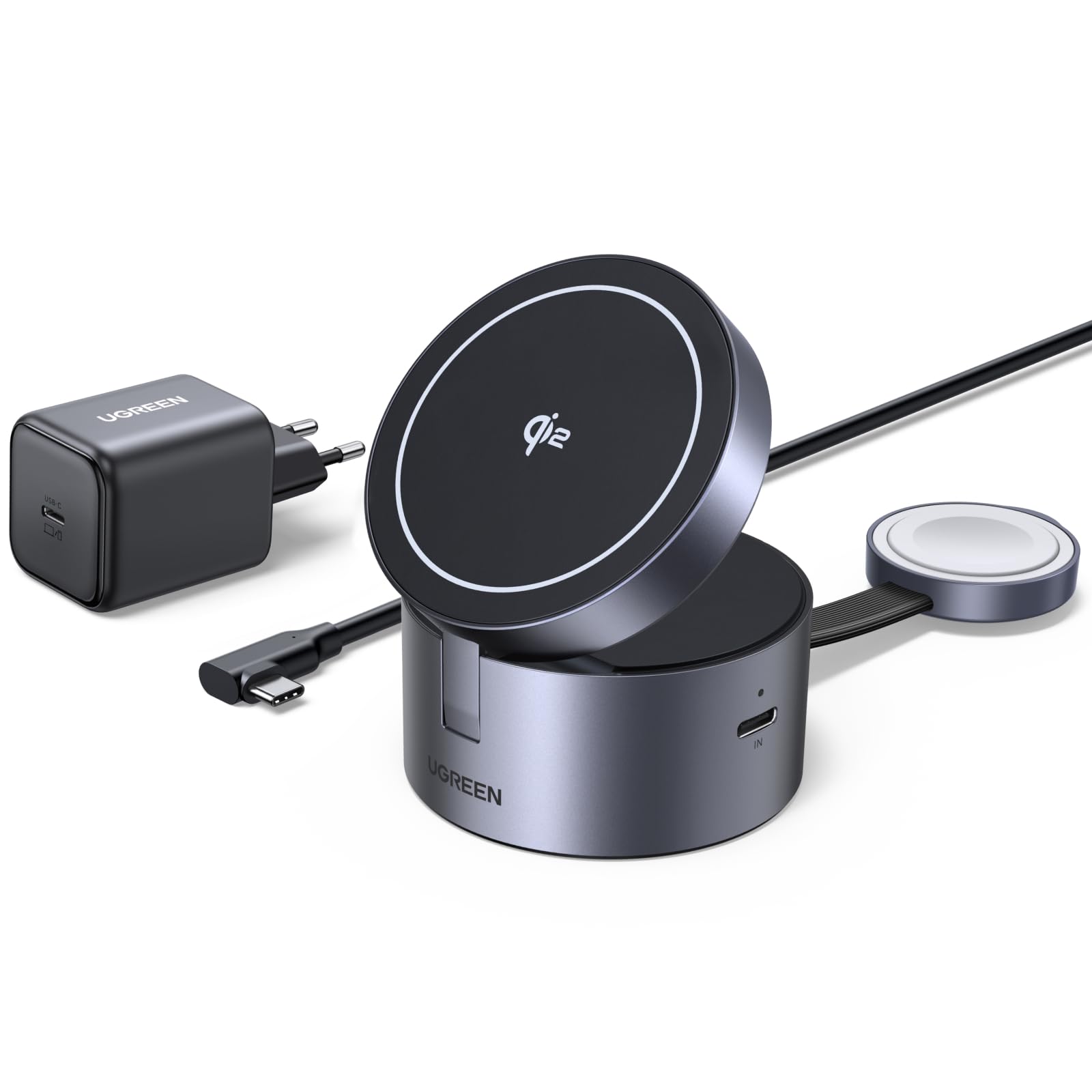UGREEN MagFlow 3-in-1 Ladestation Magsafe Qi2 15W. Schwarze Station. Lädt iPhone (15W Magsafe), Apple Watch und AirPods gleichzeitig induktiv.