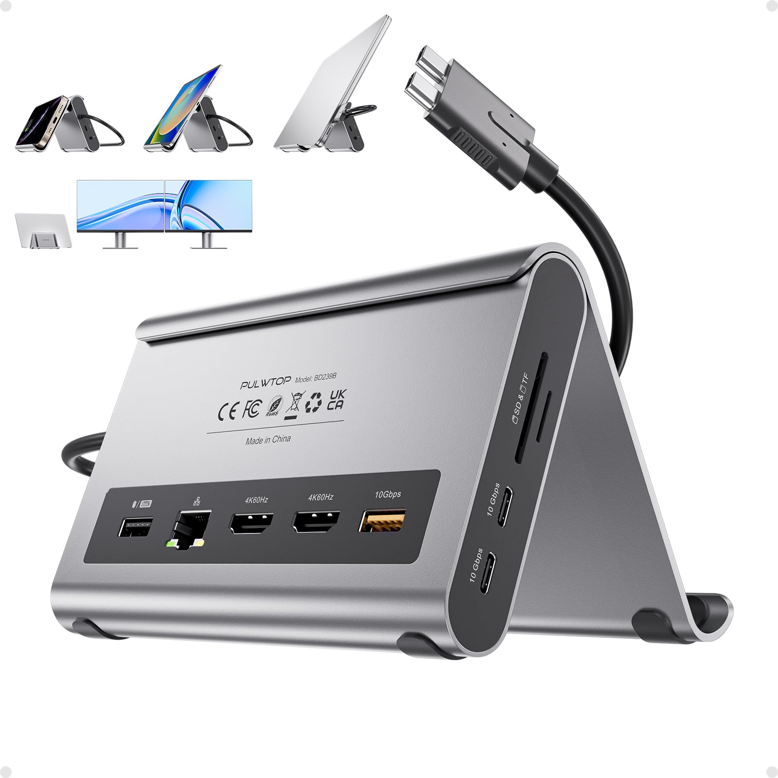 PULWTOP MacBook Docking Station Dual Monitor 4K M3/M4/M5. Rechteckig, schwarz. Ermöglicht den Anschluss von zwei 4K-Monitoren an MacBooks.