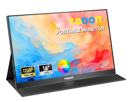 Yodoit Tragbarer Monitor 16" FHD IPS USB-C für Laptop PC. Dünner, schwarzer 16" FHD IPS Monitor. Erweitert die Anzeige von Laptops/PCs via USB-C.