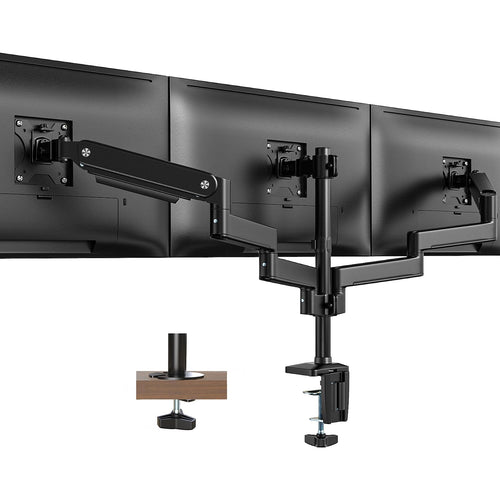 PUTORSEN Monitor Halterung - 3 Bildschirme Premium Aluminium. Robuste Schreibtisch-Halterung aus Aluminium fixiert drei Bildschirme flexibel via Tischklemme.
