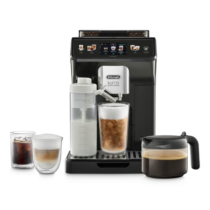 De'Longhi Eletta Explore Kaffeevollautomat Cold Brew, Dunkelgrau. Schlanke Bauform. Brüht Kaffeegetränke und Cold Brew Kaffee vollautomatisch.
