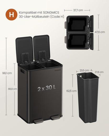 SONGMICS LTB741G01 Küchenmülleimer 2x30L 2 Fächer - Edelstahl Schiefergrau