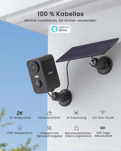 ieGeek 2K Überwachungskamera Aussen WLAN mit Akku und Solarpanel