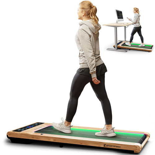 Sportstech sWalk Laufband – Walking Pad unterm Schreibtisch. Flaches, rechteckiges, graues Laufband. Zum Gehen unter dem Stehschreibtisch.