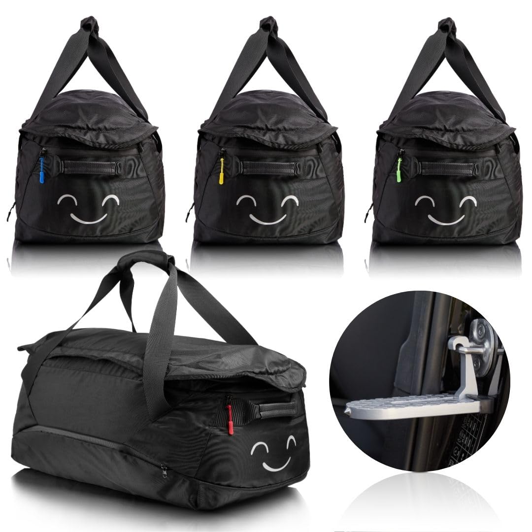 ISIBELL Dachbox Taschen 4er Set – Inklusive Trittstufe. Vier schwarze, rechteckige Gepäcktaschen zur Laderaumoptimierung. Trittstufe für leichteren Zugang.