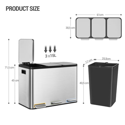 Hzuaneri Mülleimer Küche 3 x 15 L, Edelstahl Tretmülleimer Silber