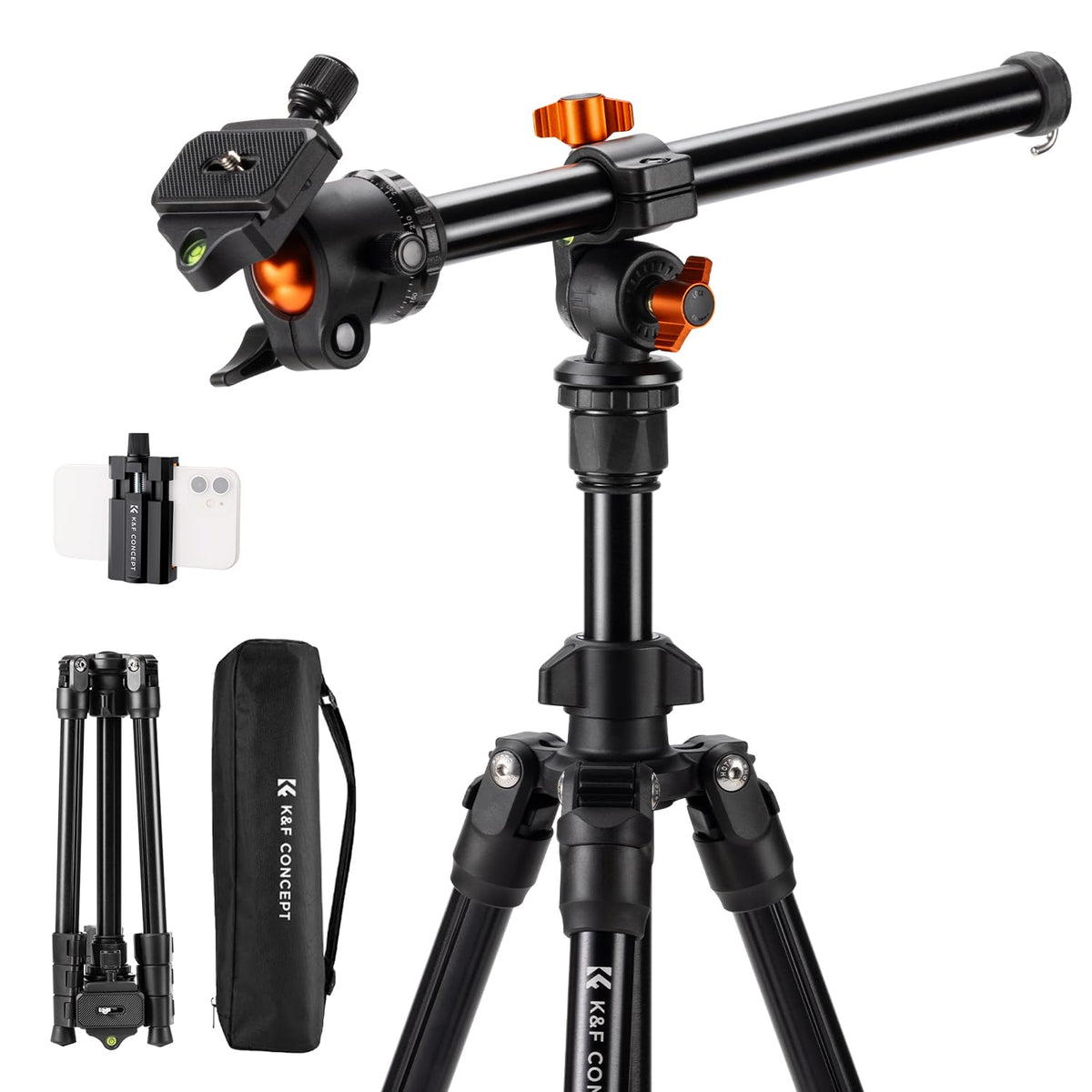 K&F CONCEPT O234A1 Kamerastativ mit Auslegearm Aluminium 163cm. Ausziehbares Dreibein, Auslegearm für flexible Kameraführung.