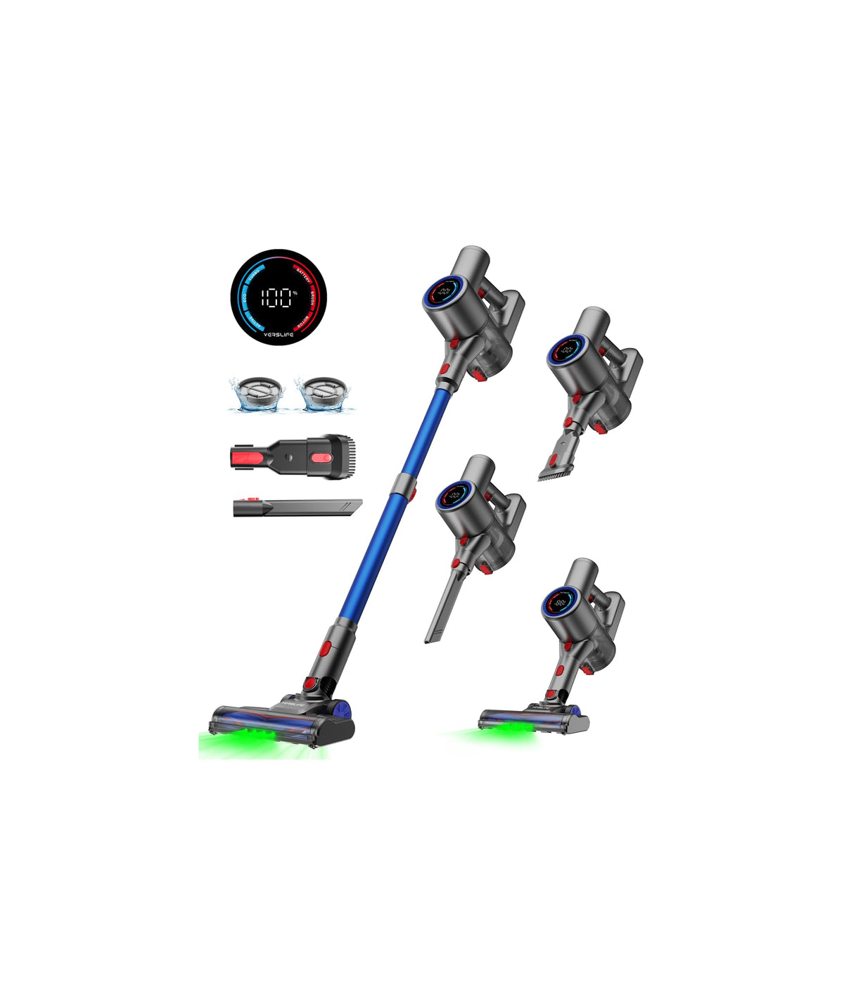 VersLife Z8 Akku-Staubsauger kabellos mit LED-Display, selbststehend, mit Bodendüse und grünem Erkennungslicht