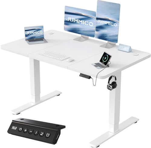 JUMMICO Elektrischer Steh-Sitz Tisch - 120x60cm, Weiss, USB. Elektrisch höhenverstellbar für Sitzen und Stehen.