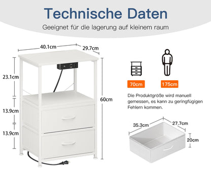 Coleshome Nachttisch Weiss mit LED, 2 USB-Anschlüssen und Steckdose