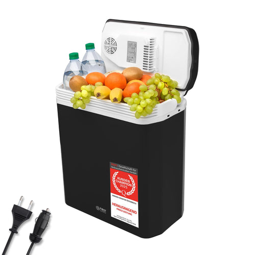TZS First Austria Kühlbox 24L thermoelektrisch 12V/230V – Schwarz, rechteckig. Kühlt Getränke/Speisen mobil.