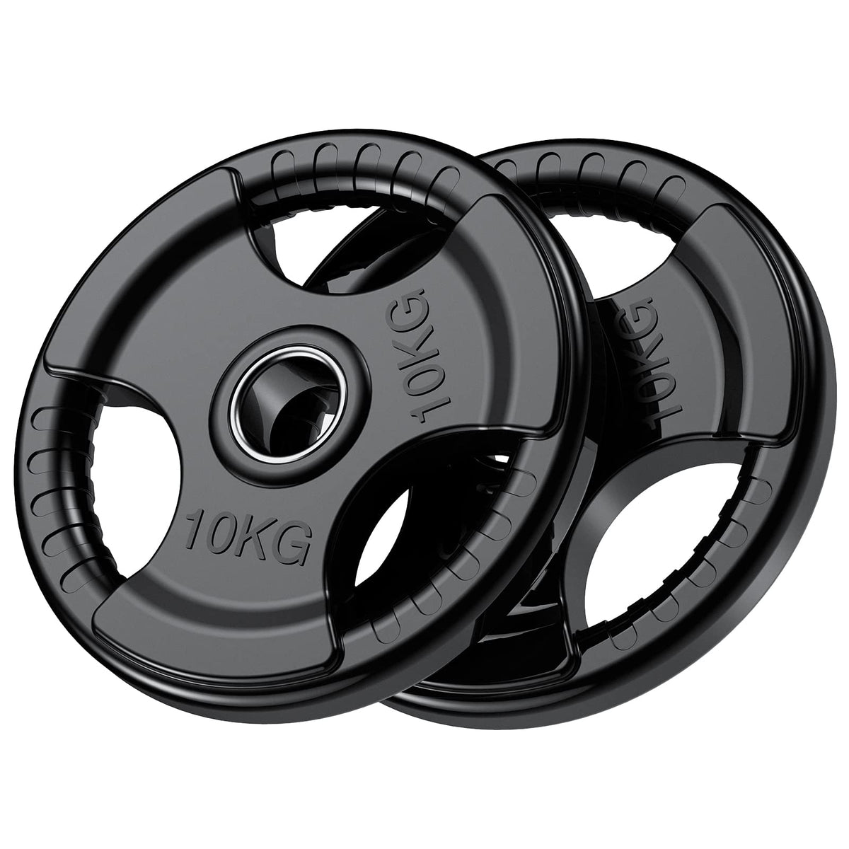 PhysKcal Olympische Hantelscheiben 2 x 10 kg, Gummi, Tri-Grip, 50 mm – schwarze Gummibeschichtung mit drei Griffausschnitten
