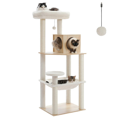PETEPELA Moderner Katzenbaum Holz Sisal – 143cm Beige. Beiger, 143cm hoher Baum aus Holz & Sisal. Für Katzen als Kletter-, Kratz- & Rückzugsort.
