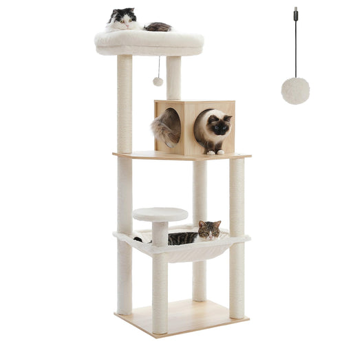 PETEPELA Moderner Katzenbaum Holz Sisal – 143cm Beige. Beiger, 143cm hoher Baum aus Holz & Sisal. Für Katzen als Kletter-, Kratz- & Rückzugsort.