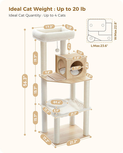 PETEPELA Moderner Katzenbaum Holz Sisal – 143cm Beige