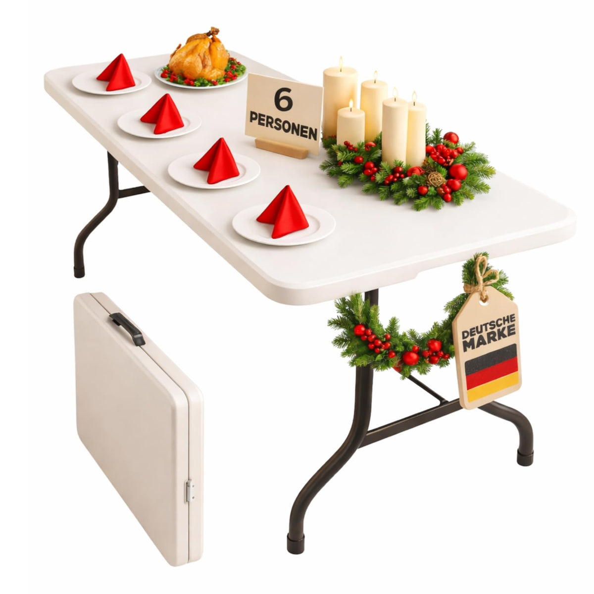 Floordirekt Klapptisch Akita 183x76 cm - Buffettisch mit Tragegriff, Kunststoffplatte und Stahlbeine