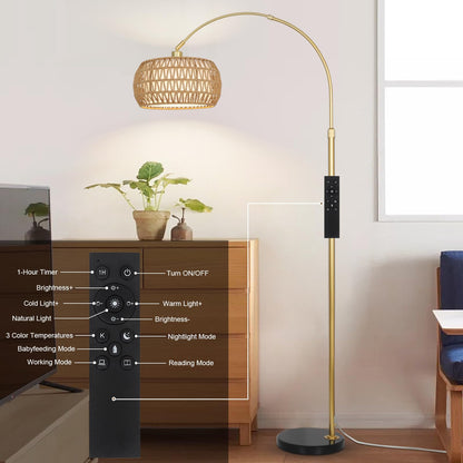 Rayofly Gold Bogenlampe Stehleuchte – Rattan, Dimmbar, App