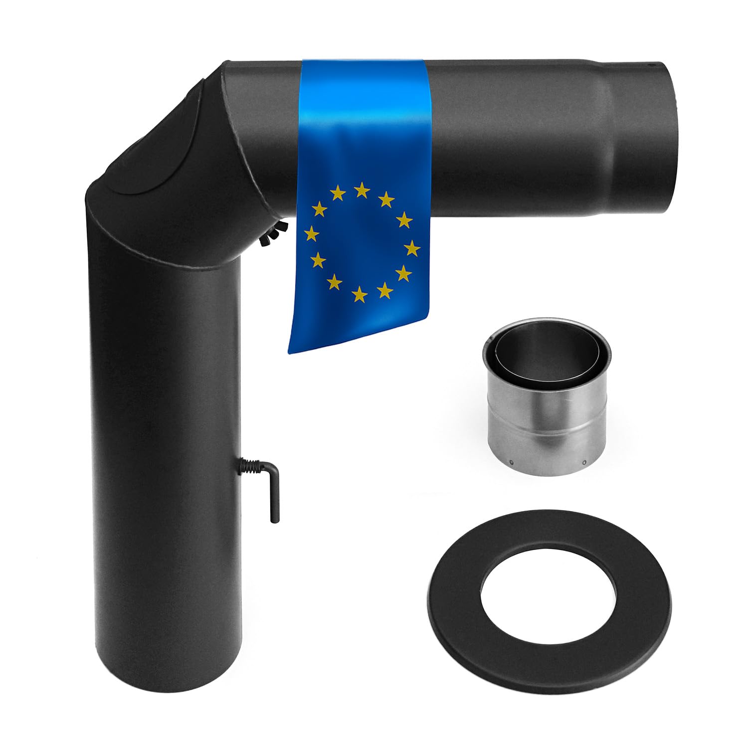 raik Ofenrohr Set Ø 120 mm Bogen 90° 3-tlg. Zugtür – Schwarz. Zur Rauchgasabführung und dem Schornsteinanschluss.