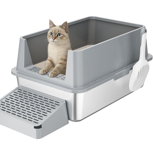 Lifewit Edelstahl Offenes Katzenklo - XXL Grau. Großes, offenes Rechteck aus grauem Edelstahl. Dient als leicht zugängliche Katzentoilette.