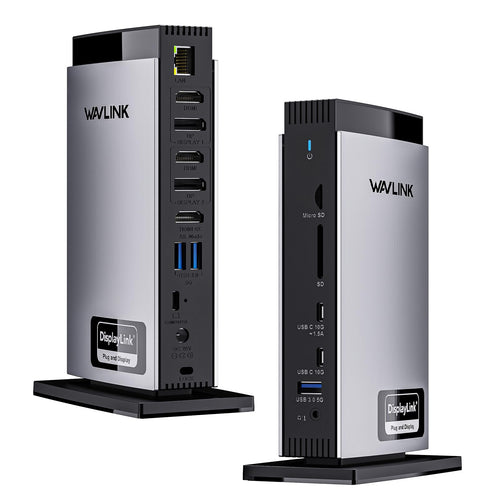 WAVLINK Displaylink USB C Docking Station - Triple Display 4K 100W. Schwarze, rechteckige Station. Erweitert Laptops.