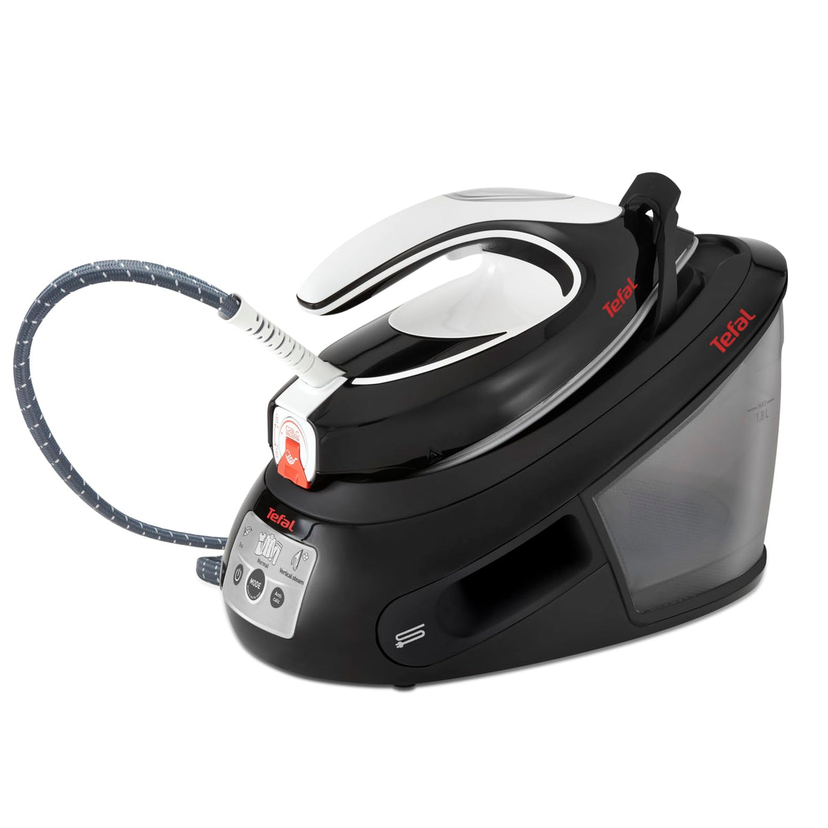 TEFAL EXPRESS ANTI-CALC Dampfbügelstation 6.5 Bar - SV8055, weißes/blaues Gehäuse. Glättet Textilien effektiv mit starkem Dampf und 6.5 Bar Druck.