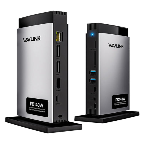 WAVLINK Laptop USB C Dock – Dreifach Display, 125W PD. Dunkelgraue Dock. Ermöglicht Dreifach-Display und 125W PD.