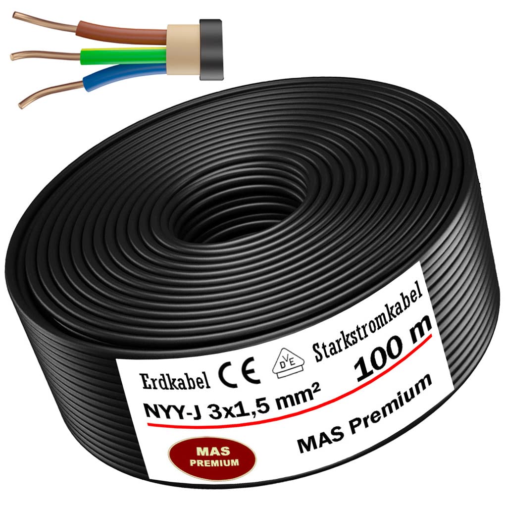 MAS Premium Erdkabel Starkstromkabel NYY-J 3x1,5 mm² - 100m, schwarzes Rundkabel. Zur Erdverlegung für Starkstromversorgung.