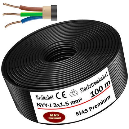 MAS Premium Erdkabel Starkstromkabel NYY-J 3x1,5 mm² - 100m, schwarzes Rundkabel. Zur Erdverlegung für Starkstromversorgung.