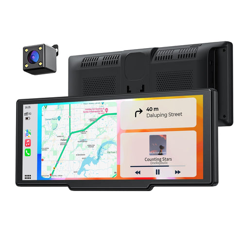 Krunia 8.1" CarPlay Bildschirm – Kabellos, Tragbar. Ein rechteckiger 8.1-Zoll-Monitor in Schwarz für drahtloses CarPlay im Fahrzeug.