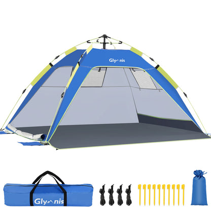 Glymnis Strandmuschel Quick Up mit UV-Schutz 50+ für 3-4 Personen, Strandzelt mit Netzfenstern und Reissverschlusstür
