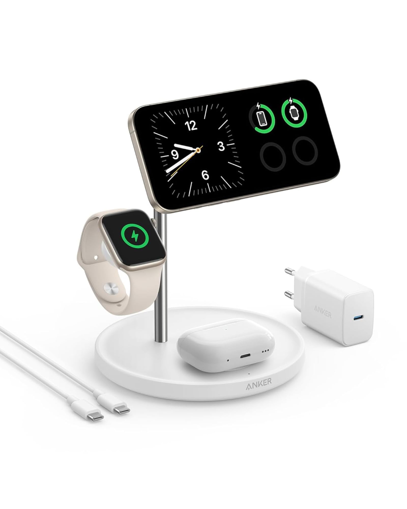 Anker MagGo 3-in-1 Qi2 Ladeständer 15W MagSafe. Schwarzer Ständer mit drei Ladeflächen. Lädt 3 Geräte gleichzeitig via 15W MagSafe/Qi2.