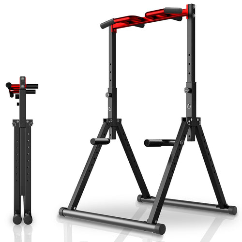 WATBKHE Power Tower Dip Station Faltbar – Schwarz/Rot, schwarz-rotes faltbares Gestell für Krafttraining: Klimmzüge, Dips, Beinheben.