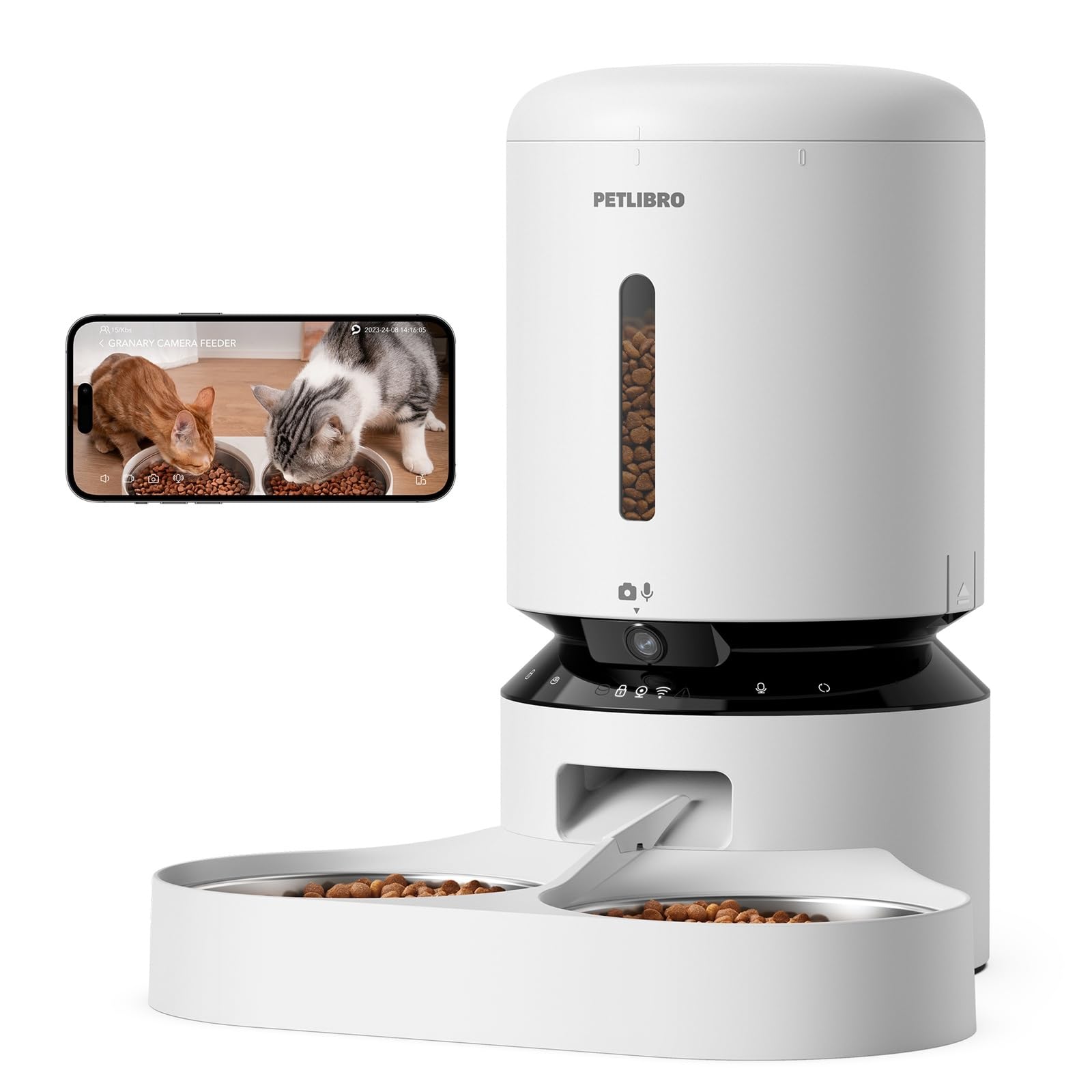 PETLIBRO 5L Futterautomat mit 1080P Kamera, 5G WiFi & 2 Näpfen. Weißes Gerät mit Näpfen. Für automatische Futterausgabe.