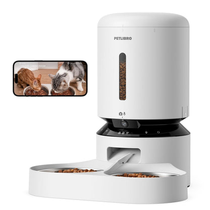 PETLIBRO 5L Futterautomat mit 1080P Kamera, 5G WiFi & 2 Näpfen. Weißes Gerät mit Näpfen. Für automatische Futterausgabe.