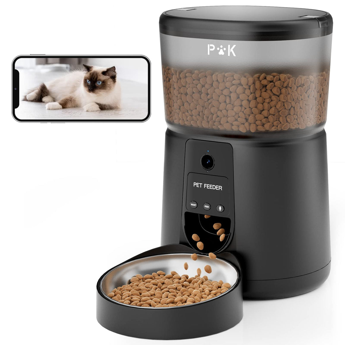 PUPPY KITTY Automatischer Futterspender Katze - WiFi Kamera 1080P. Weißer Futterspender. Regelt Futterabgabe und Überwachung.