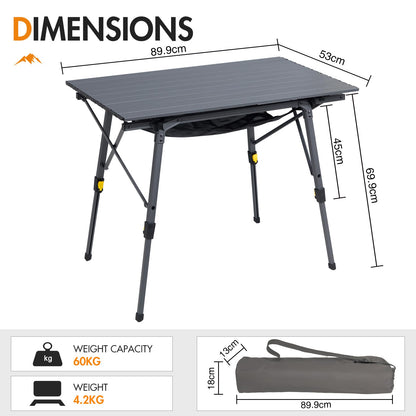 Portal Campingtisch faltbar, höhenverstellbar, Aluminium, 90 x 53 cm