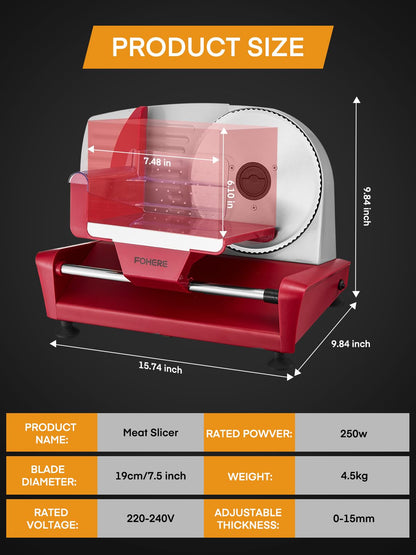 FOHERE Allesschneider 250 W mit 3 Edelstahlklingen, 0–15 mm, Rot