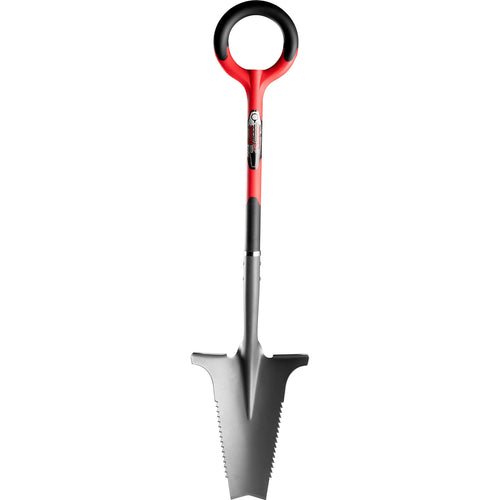 Radius Garden Root Slayer Wurzelspaten Gartenspaten - Rot. Roter Spaten mit gezahnten Sägekanten durchtrennt Wurzeln beim Graben oder Umpflanzen.