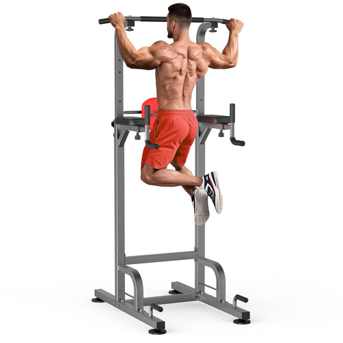 RELIFE Power Tower Kraftstation Klimmzüge Dips Grau-1. Graue, turmförmige Kraftstation. Ermöglicht Bodyweight-Training von Klimmzügen und Dips.