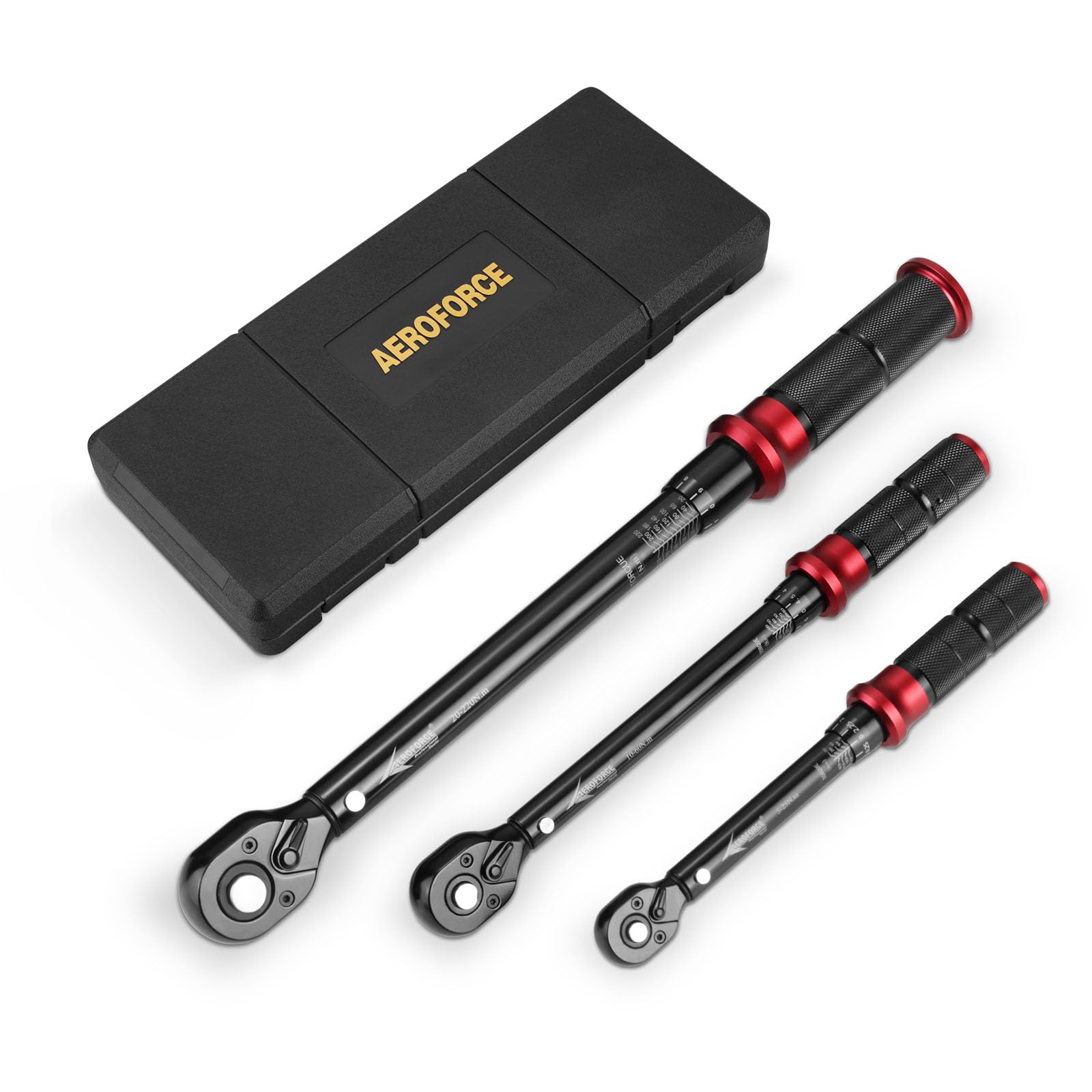 AEROFORCE Drehmomentschlüssel Set - 3-teilig 1/4" 3/8" 1/2" 5-220Nm. Zur exakten Drehmomentkontrolle von Schraubverbindungen.