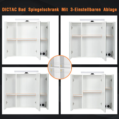 DICTAC Spiegelschrank Bad – LED Steckdose 3 Türen Weiss 70x60cm
