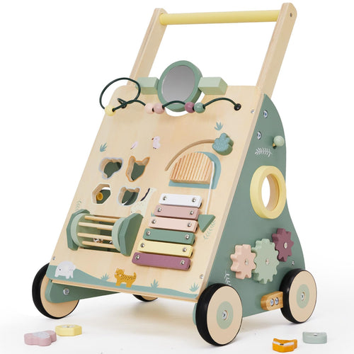 Labebe Lauflernwagen Holz 8in1 – Baby Aktivitätszentrum. Mehrfarbiger Holzlauflernwagen fördert das Laufen und die Motorik von Babys.