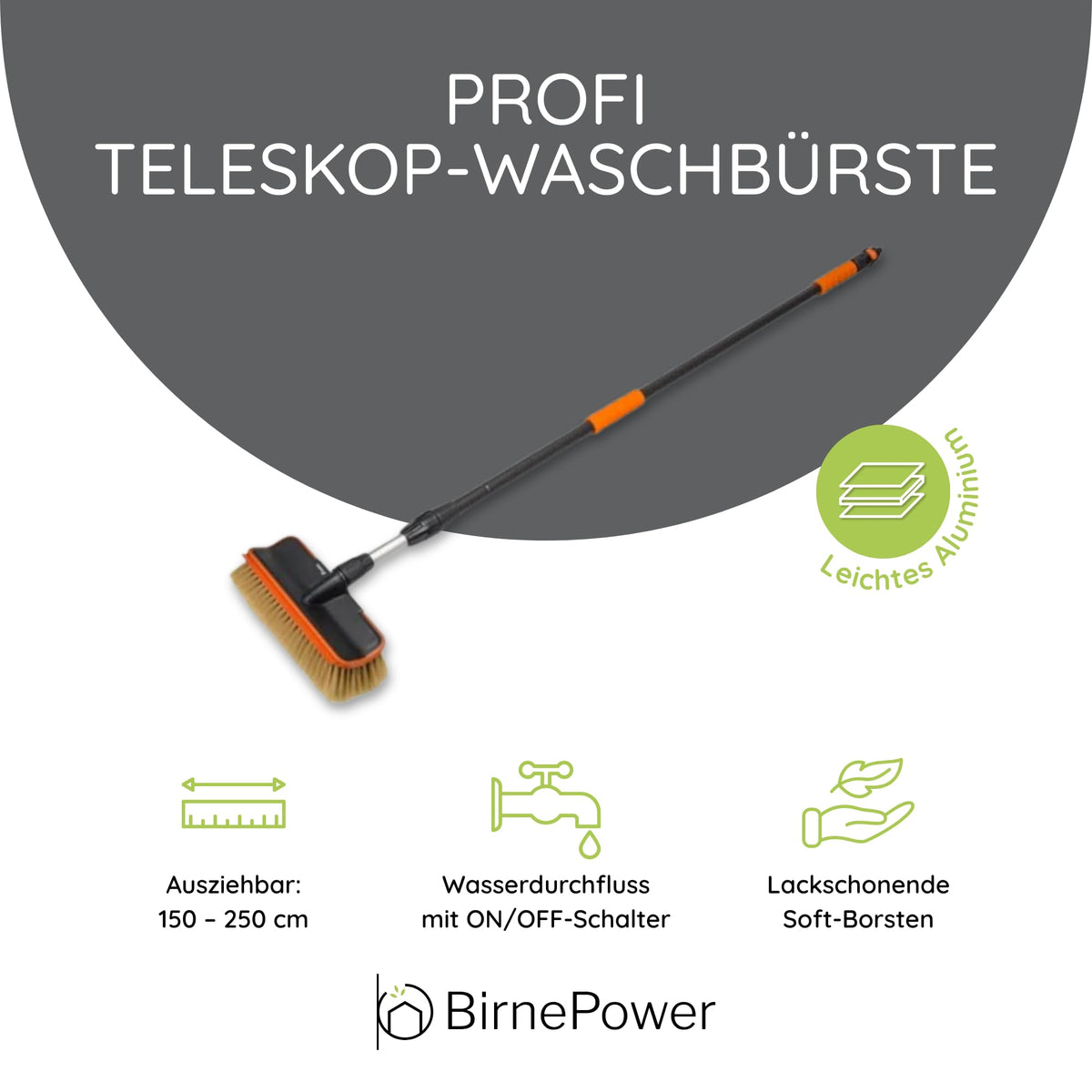 BirnePower Teleskop-Waschbürste 150–250 cm mit Wasserdurchfluss, weiche Polyesterborsten, Aluminiumstange